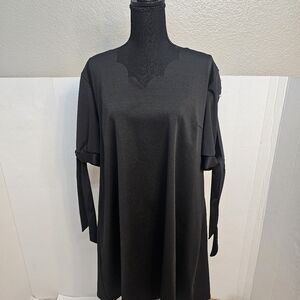 WOMENS PLUS SIZE XXL BLACK V NECK DRESS WITH PEARLS ON SLEEVE